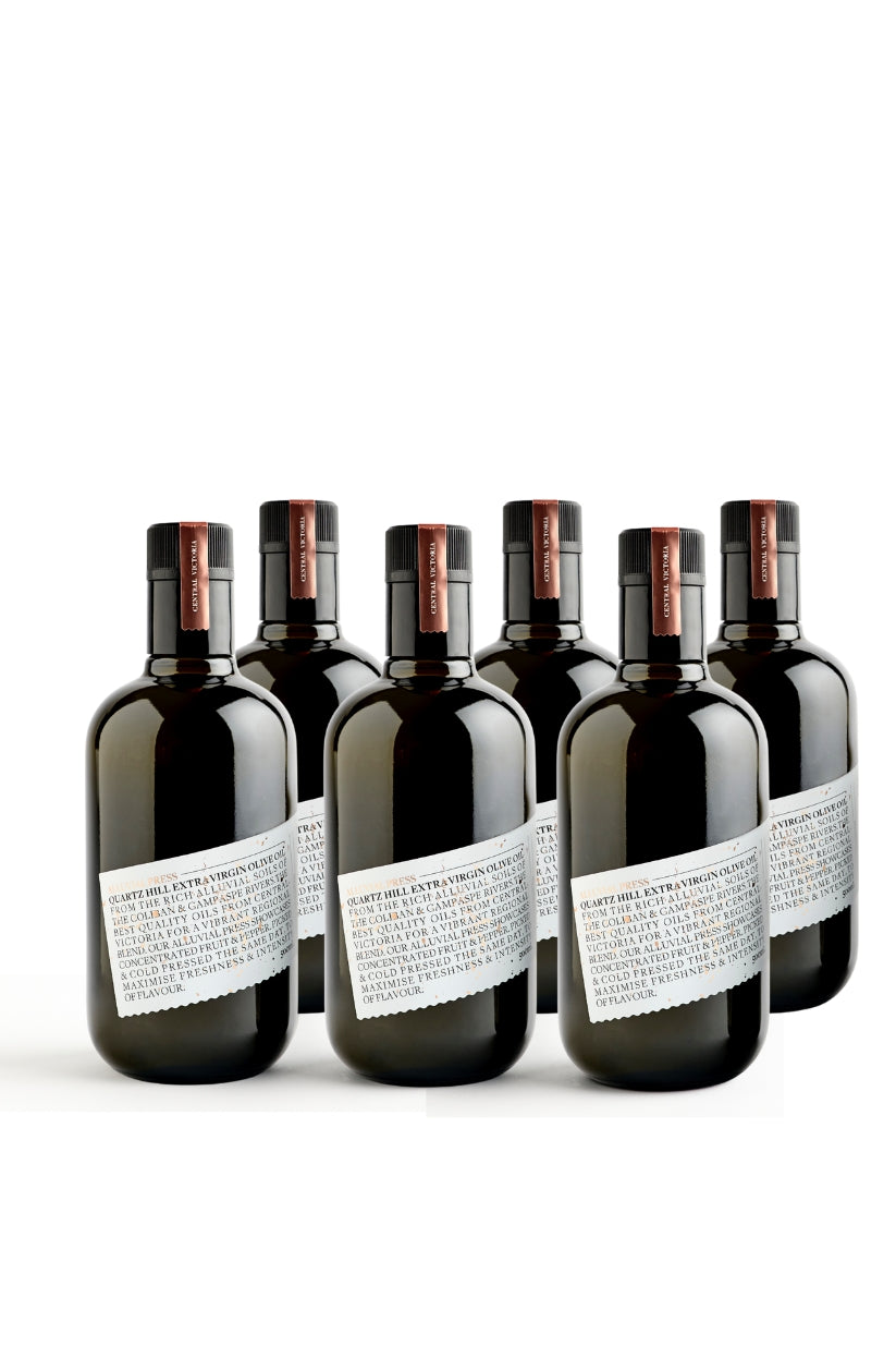 6 bottles of 500ml high polyphenol extra virgin olive oil in black glass bottles.