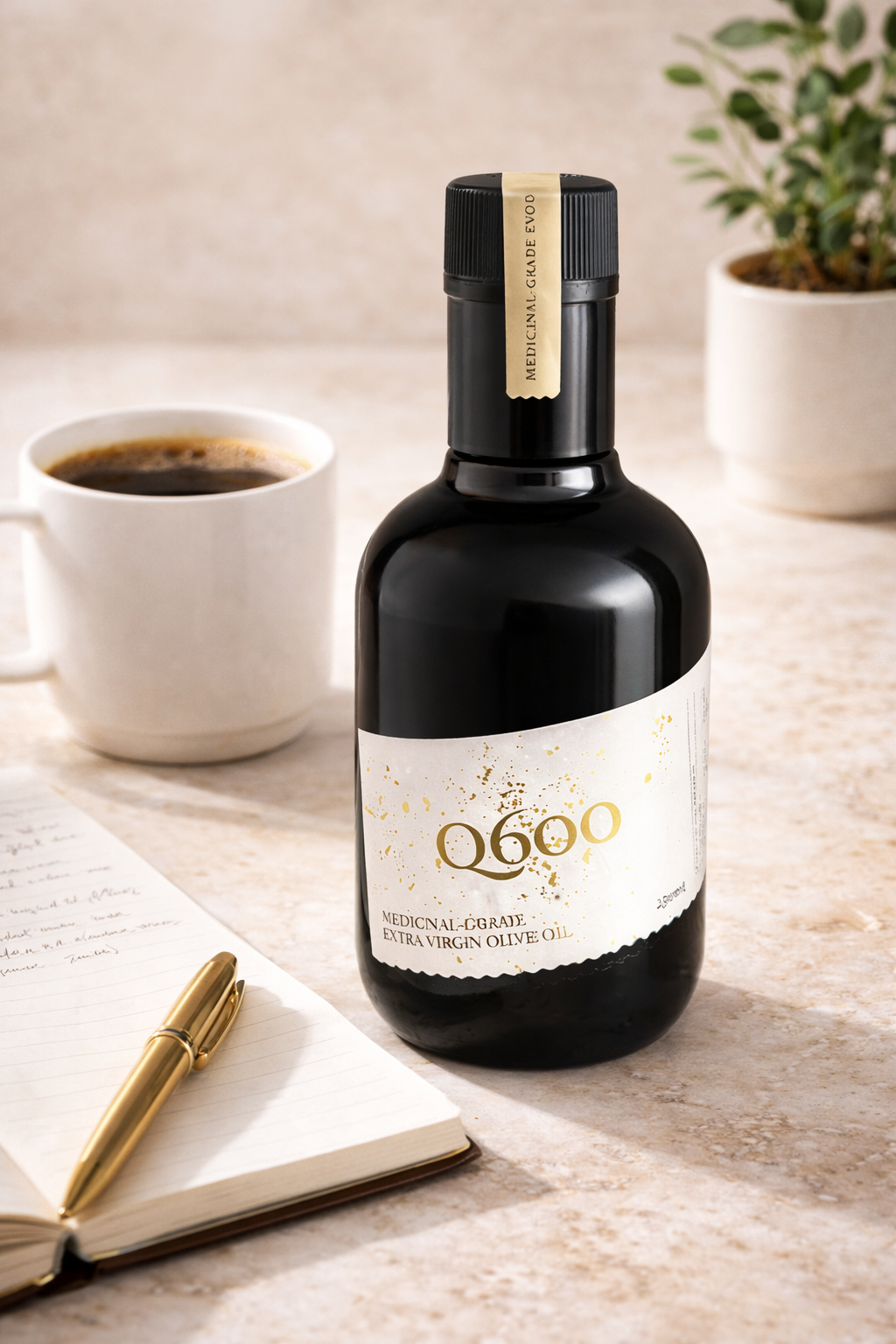 650mg/kg high-polyphenol olive oil displayed as a daily morning ritual for heart health, anti-inflammatory lifestyle and longevity support.