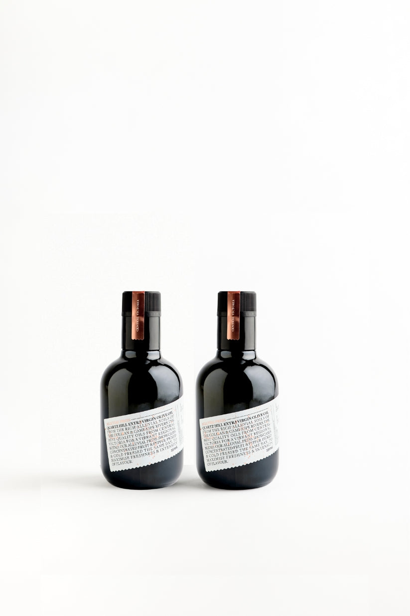 Two 250ml bottle of olive oil with a label that includes text about high polyphenol, Australian made olive oil, placed against a white background.