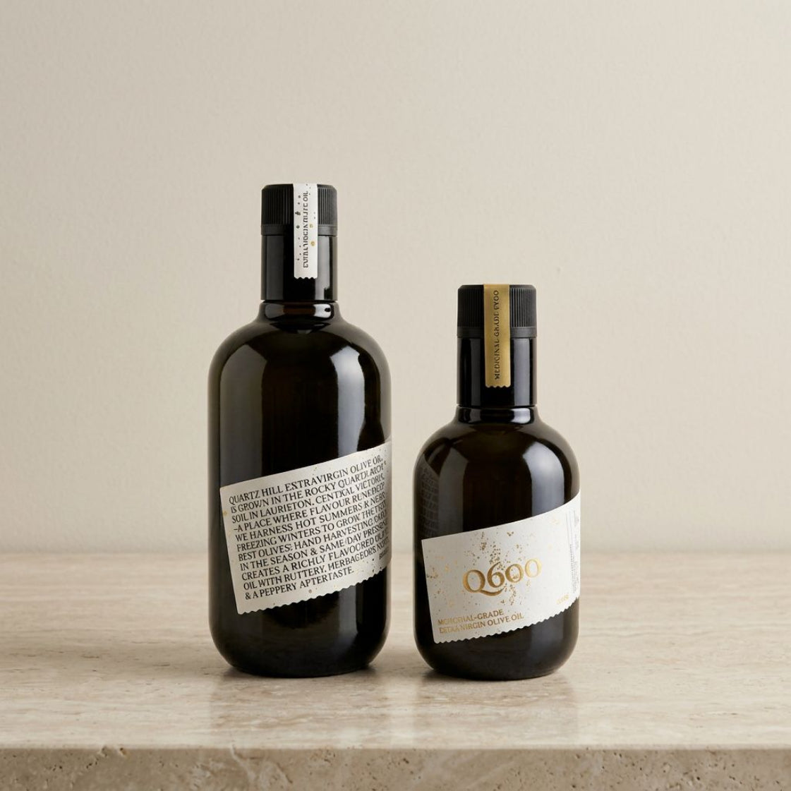 Quartz Hill high polyphenol olive oil duo — Estate Oil 500ml and Q600 medicinal grade EVOO 250ml, Macedon Ranges Australia