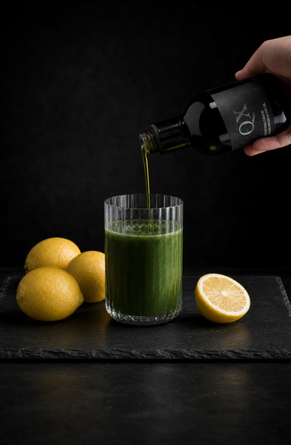 A hand pours olive oil from a dark bottle into a clear glass filled with green juice, set on a black slate surface with lemons around it against a dark background.